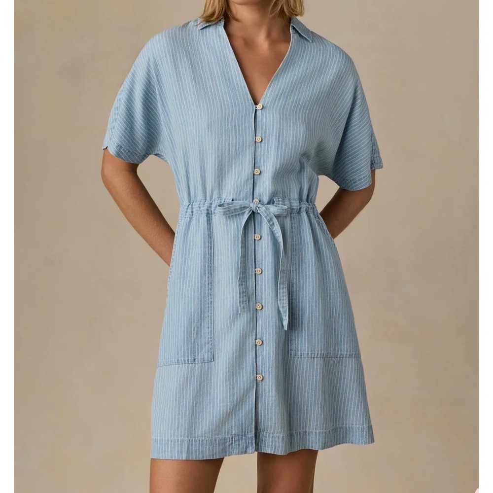 Faherty Brand Indigo Tencel Linen Button Down Drawstring Waist Mini Dress Large